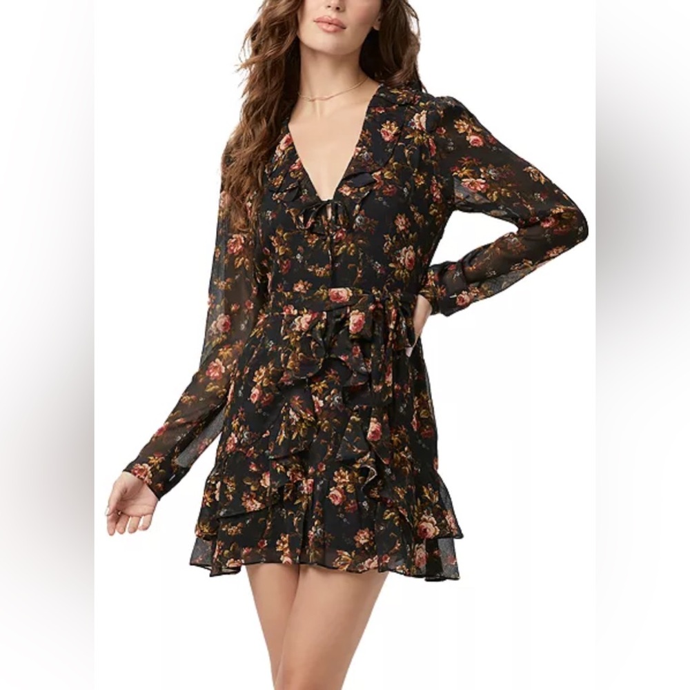 PAIGE Tamera Black Floral Long Sleeve Silk Mini Dress.